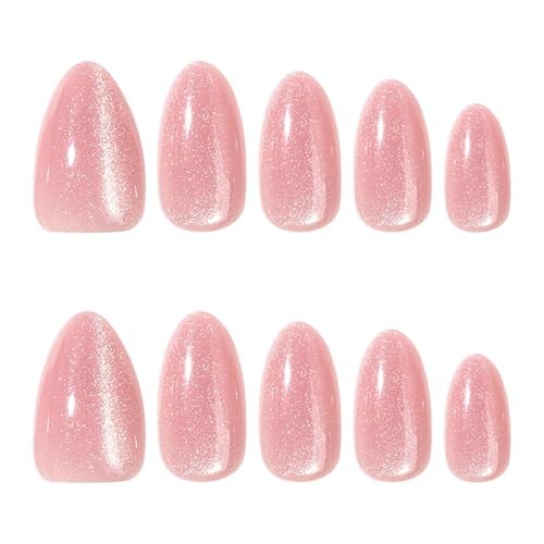 Pink Press on Nails – Short Almond Fake Nails – Glossy Cat Eye Acrylic – Style 8