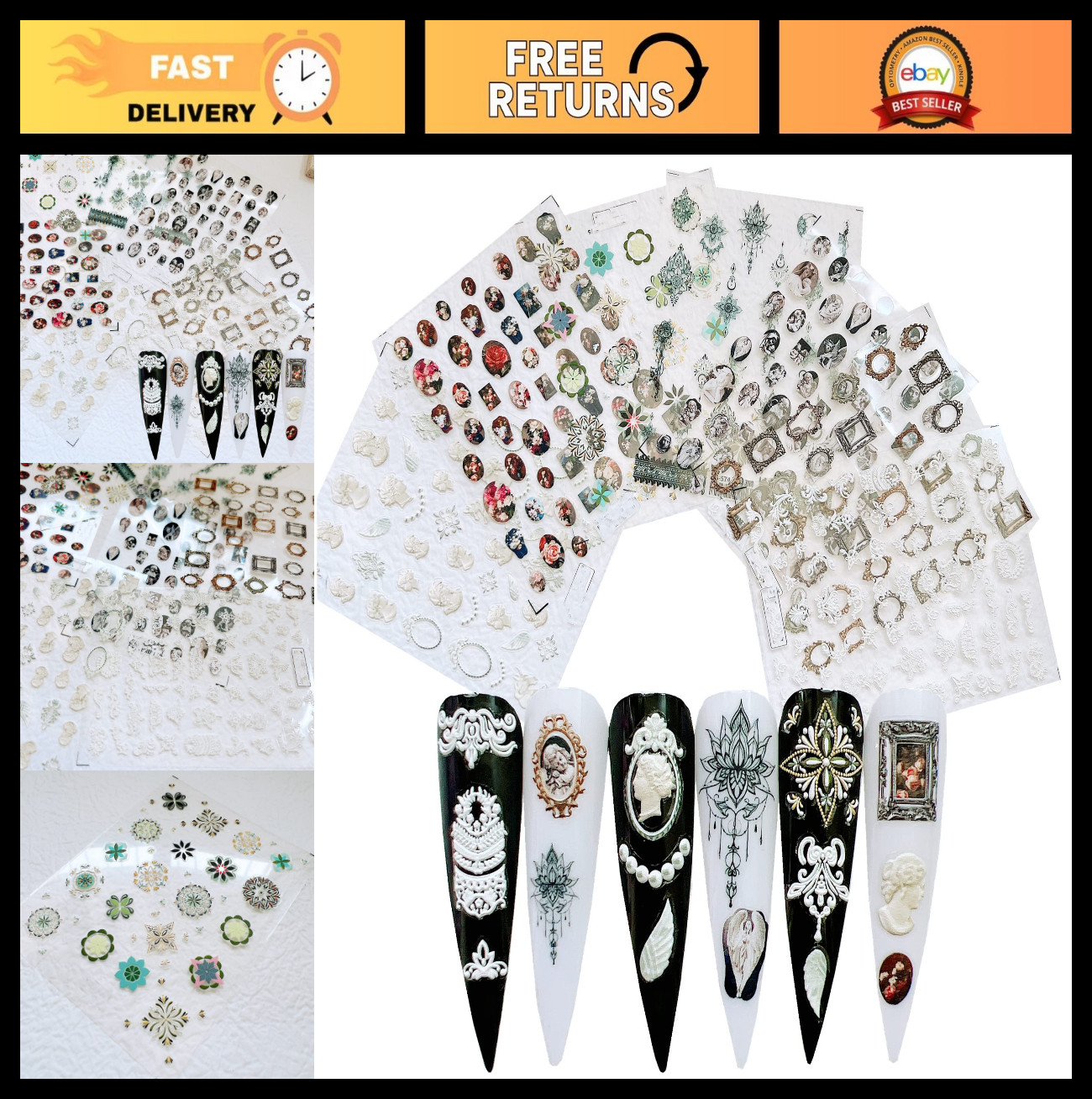 3D White Wedding Nail Art Stickers – 7 Sheets Decorative Frame Shapes for Nails