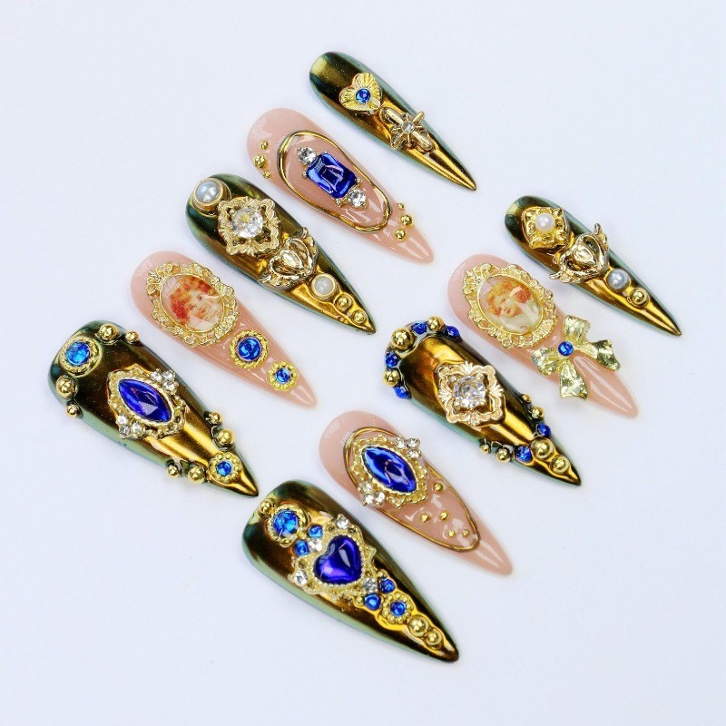 Custom Pure Handmade Nails Gold Sapphire Portrait Bow European Vintage Manicure