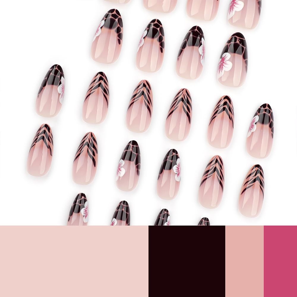 24 Pcs Spring Press on Nails Short Almond,Pink Fake Nails Press ons Leopard P…