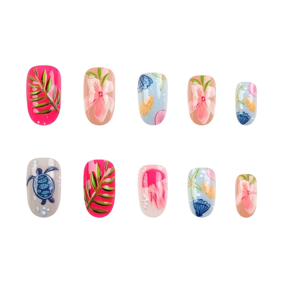 Summer Ocean Press on Nails Short Oval – Cute Sea Turtle, Starfish, Shell & J…