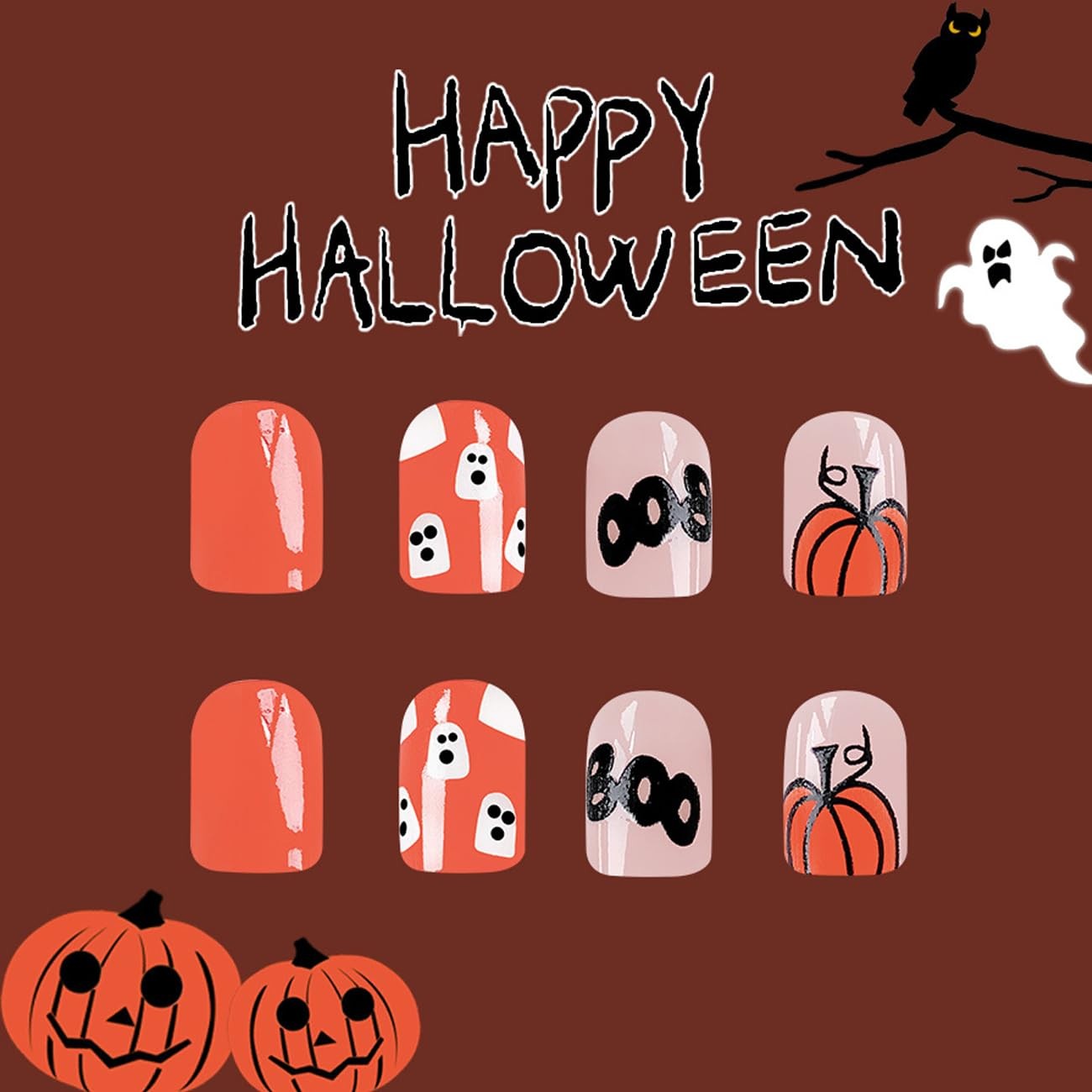 Short Halloween Press on Nails Orange Pumpkin Ghost Black Bat Design Hallowee…