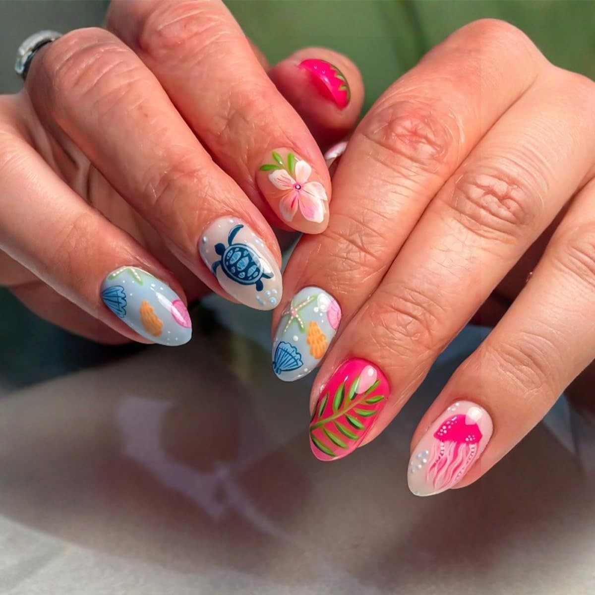 Summer Ocean Press on Nails Short Oval – Cute Sea Turtle, Starfish, Shell & J…