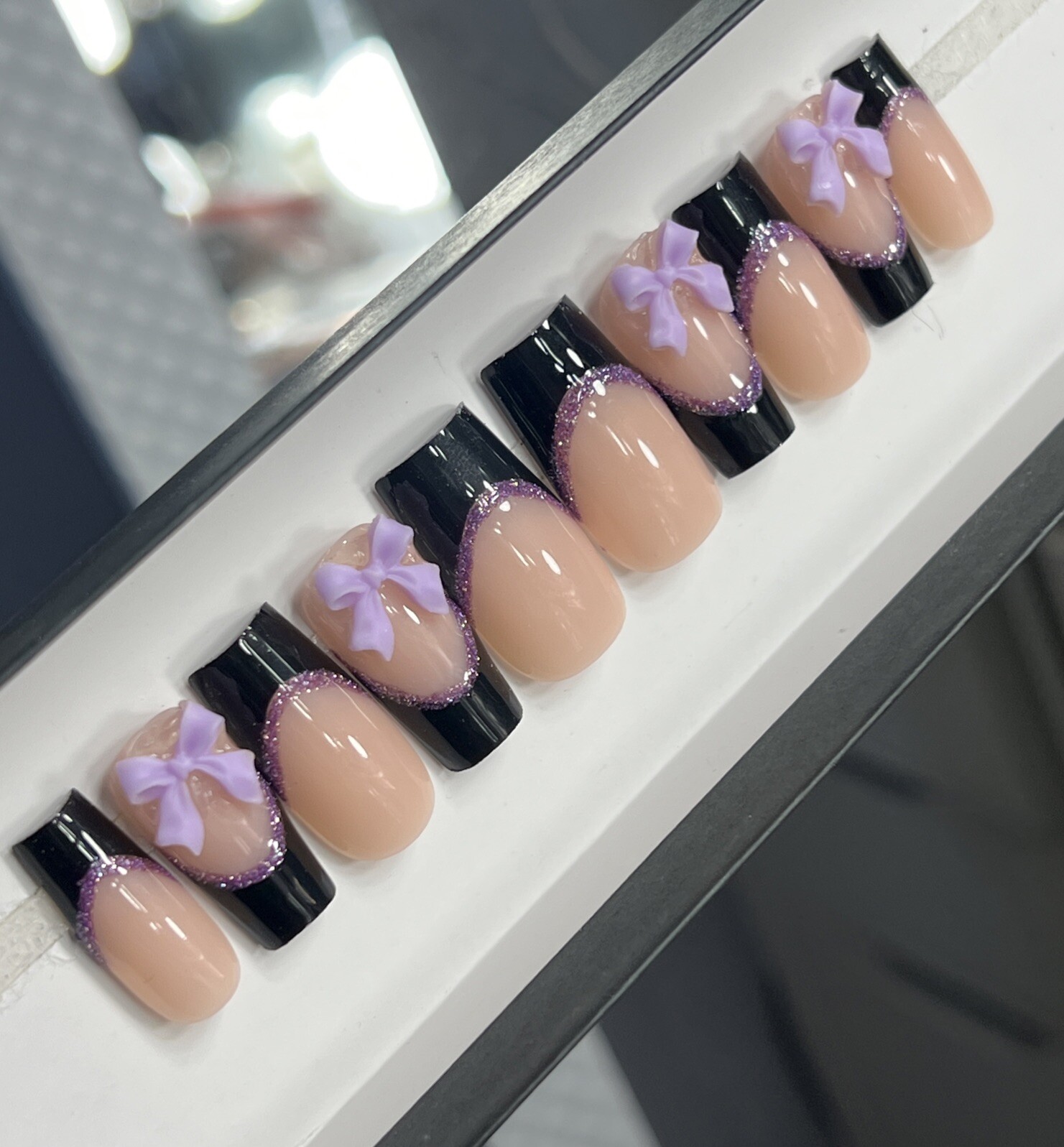 💜🖤 CUSTOM Press On Nails FRENCH BLACK PURPLE BOW BLING 10p SET W Kit
