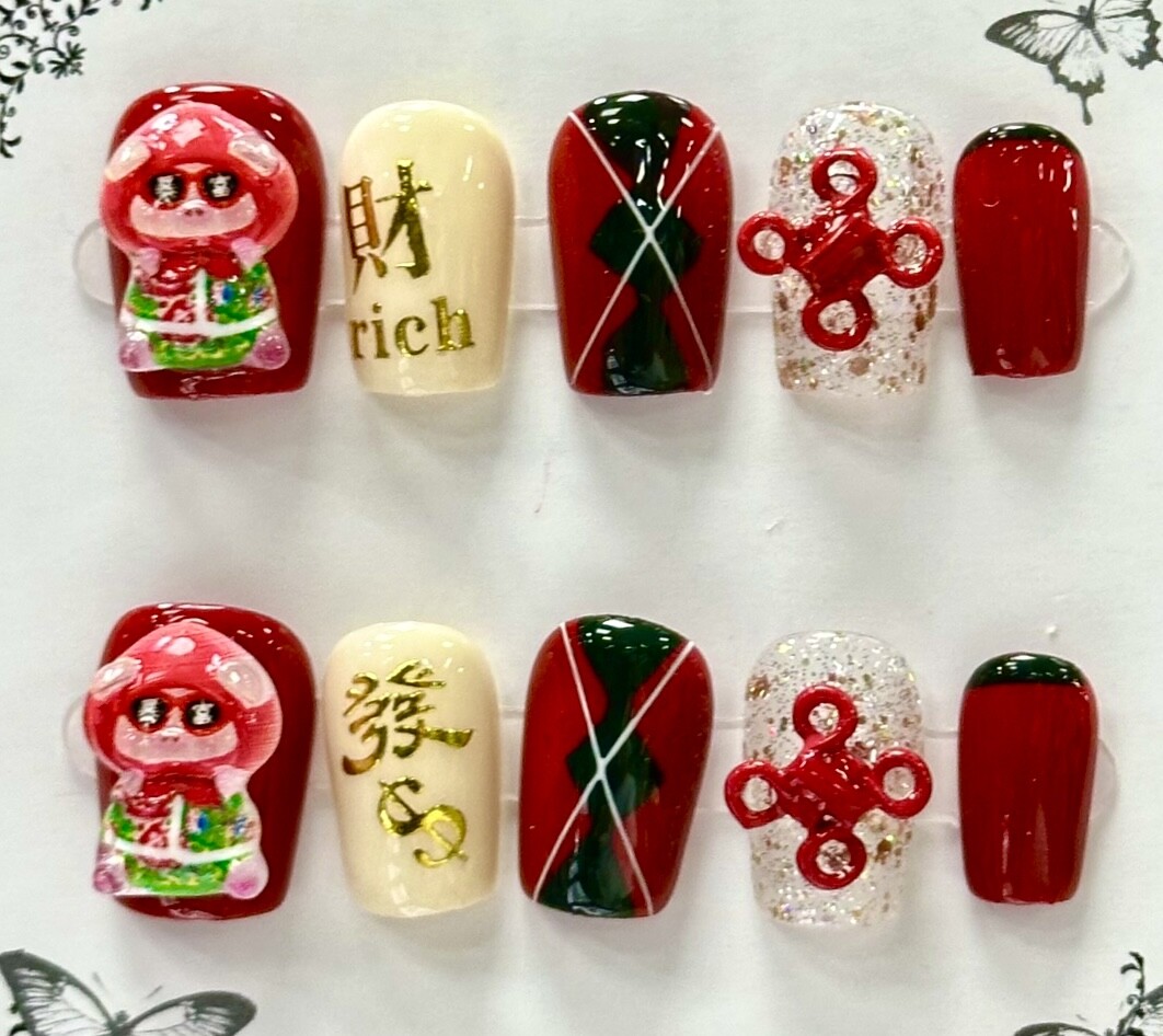 Manicure Handmade Press On Nails 10pc Reusable Artistic Design DIY Long Square