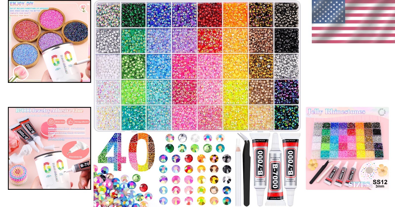 BELLEBOOST 50000Pcs 40 Colors Jelly Rhinestones Bedazzling kit, 3mm Multicolo…