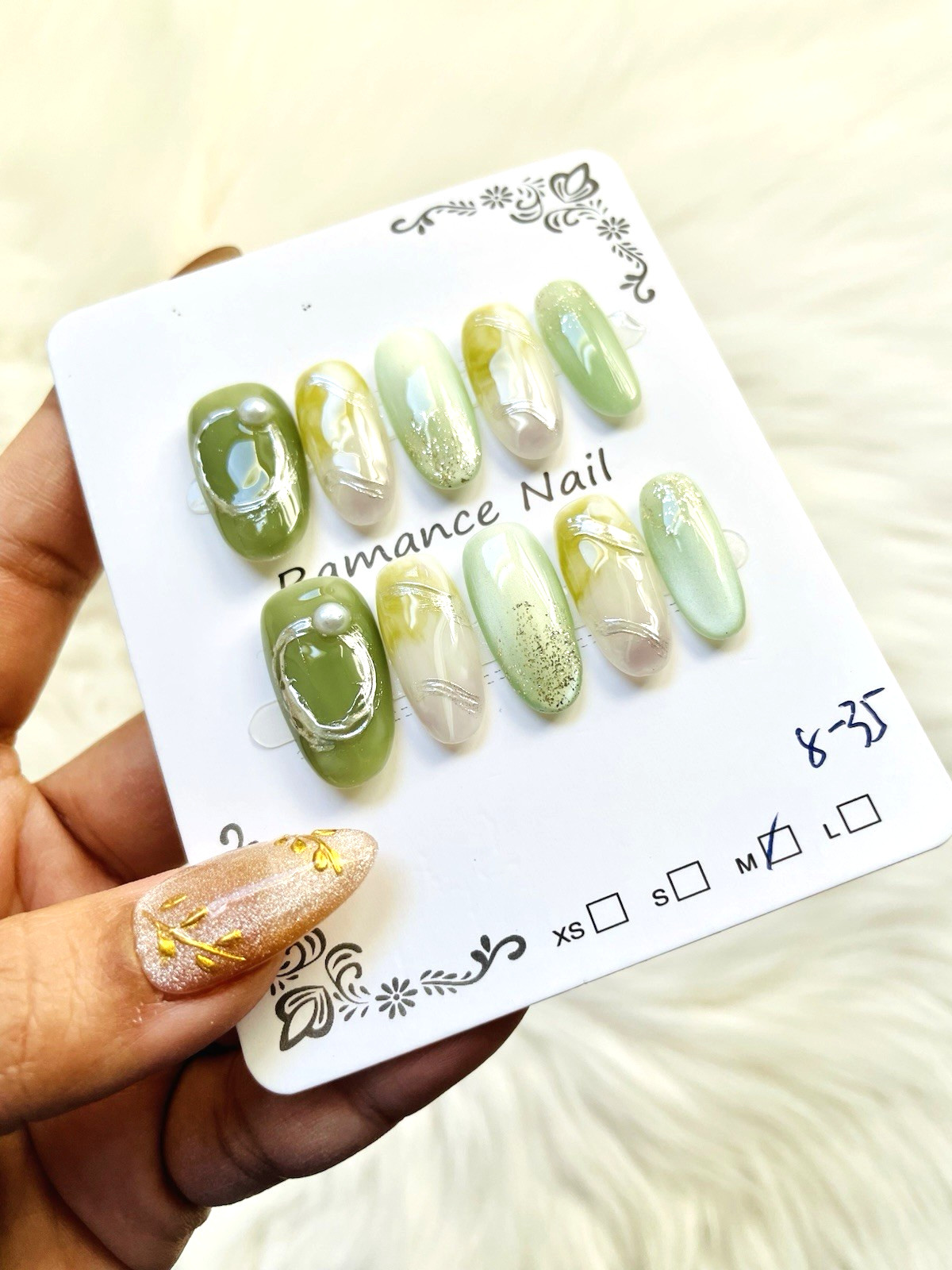 Green Silver Pearl Cateye Premium Press On Nails Size Medium, Long Length Almond