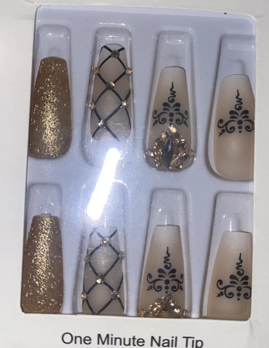 Romantic Fancy Embellished Long Coffin Press On Nails 24pcs Boxed Glue & Tabs