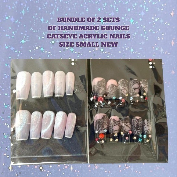 2 SETS OF Fairy grunge handmade acrylic catseye rhinestone nails set small NEW