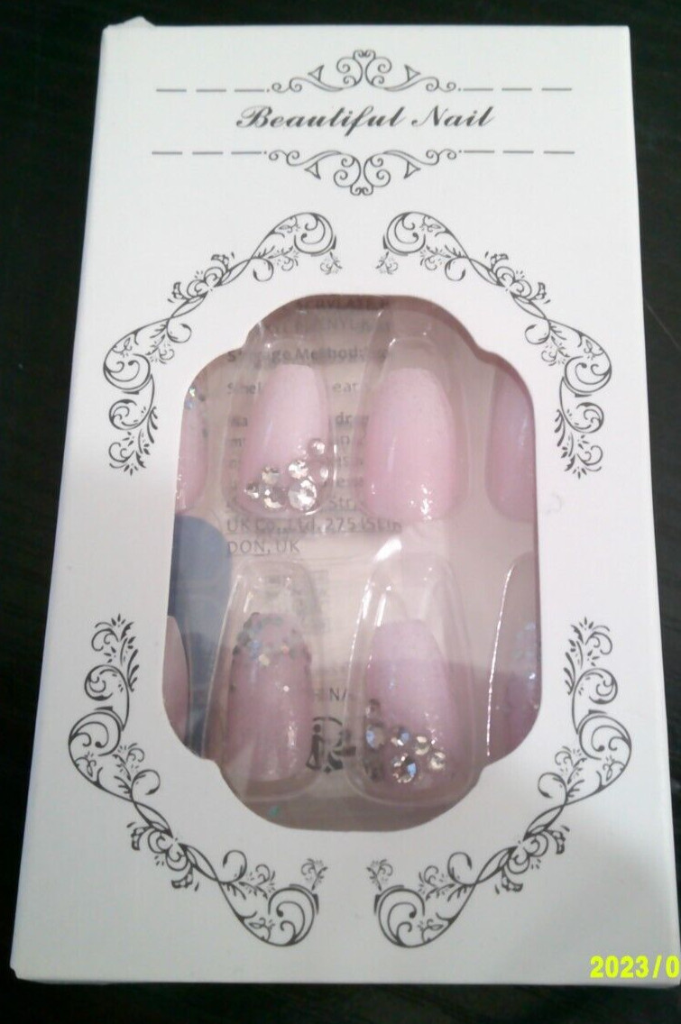 NEW 24 pc coffin pink & silver Rhinestone fake press on nails w/ nail tabs