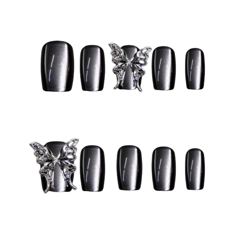 10Pcs Cats Eye Press On Nail 3D Butterfly Metallic Gray Square Artificial Nail