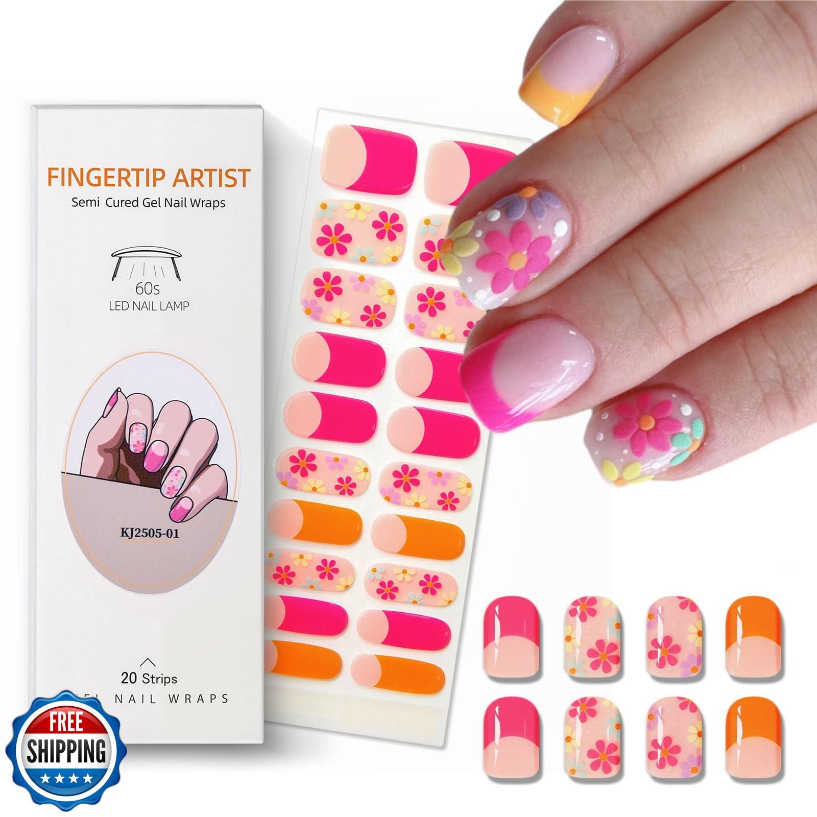 Semi Cured Gel Nail Strips French Tip Nail Stickers with Flower Designs Cute
