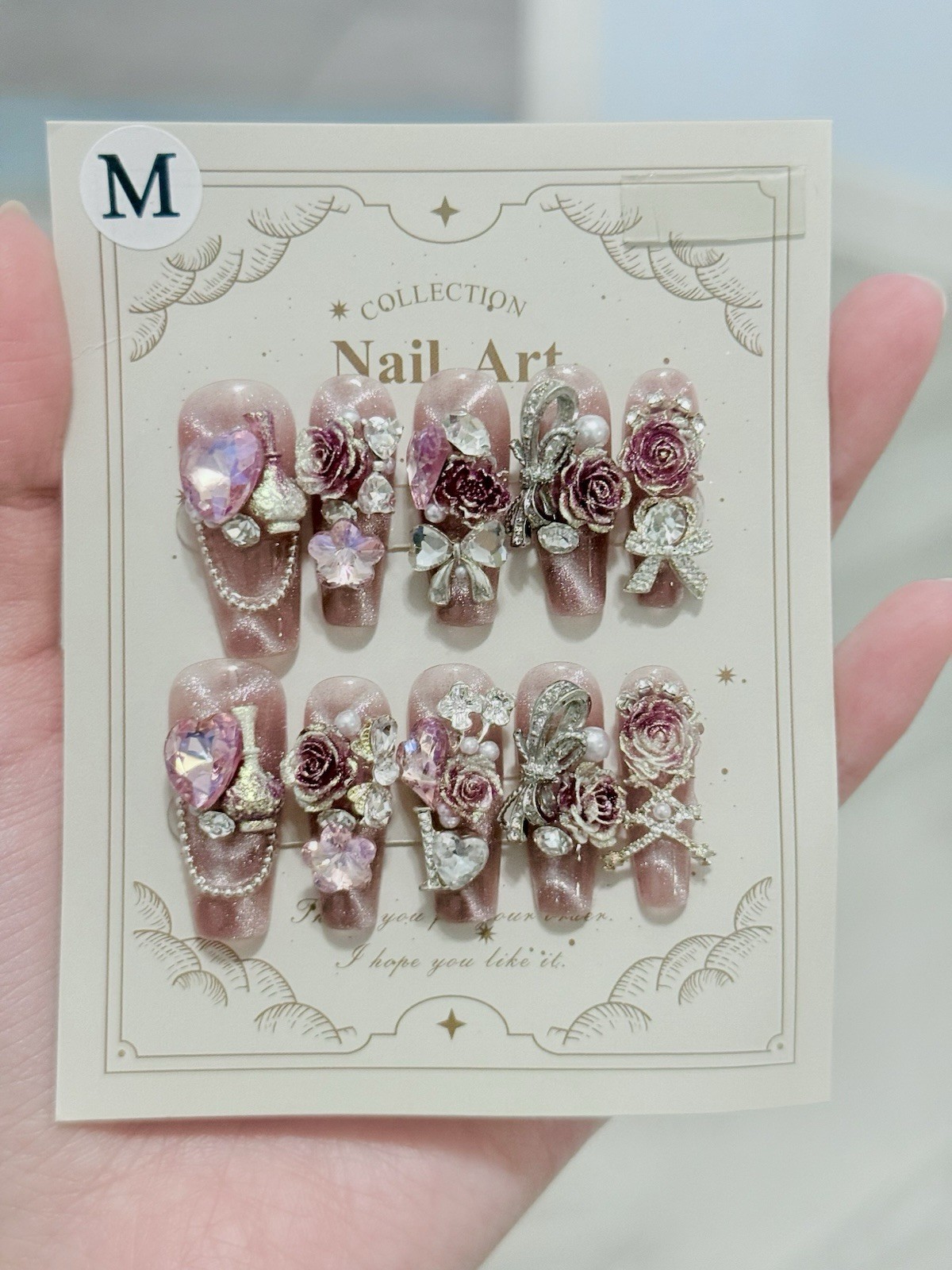 10pcs Handmade Rose Fake Nail Press On/Glue On Nails Size M(Read Description)