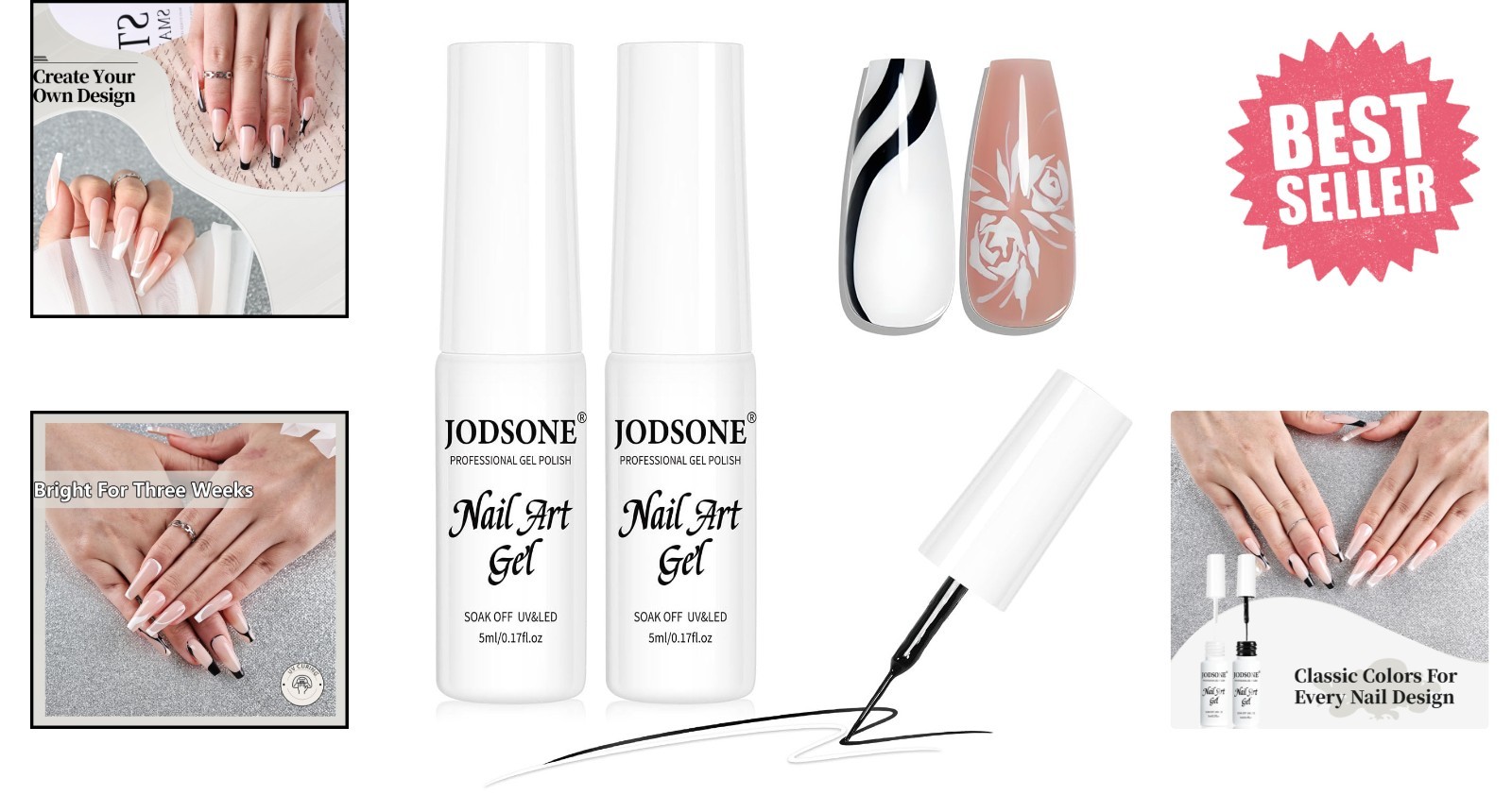 Glossy Black & White Gel Nail Art Set with Precision Brush – DIY Salon Quality