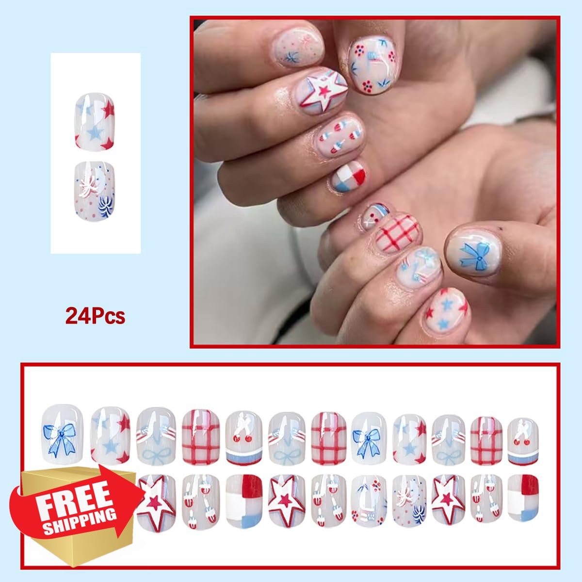 PODUOJIEYI 4th July Press on Nails Red White Blue Star Stripe