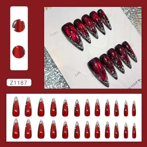 24Pcs Wine Red Press on Nails Long Pointed Wine Red Irregular Silver Style 22