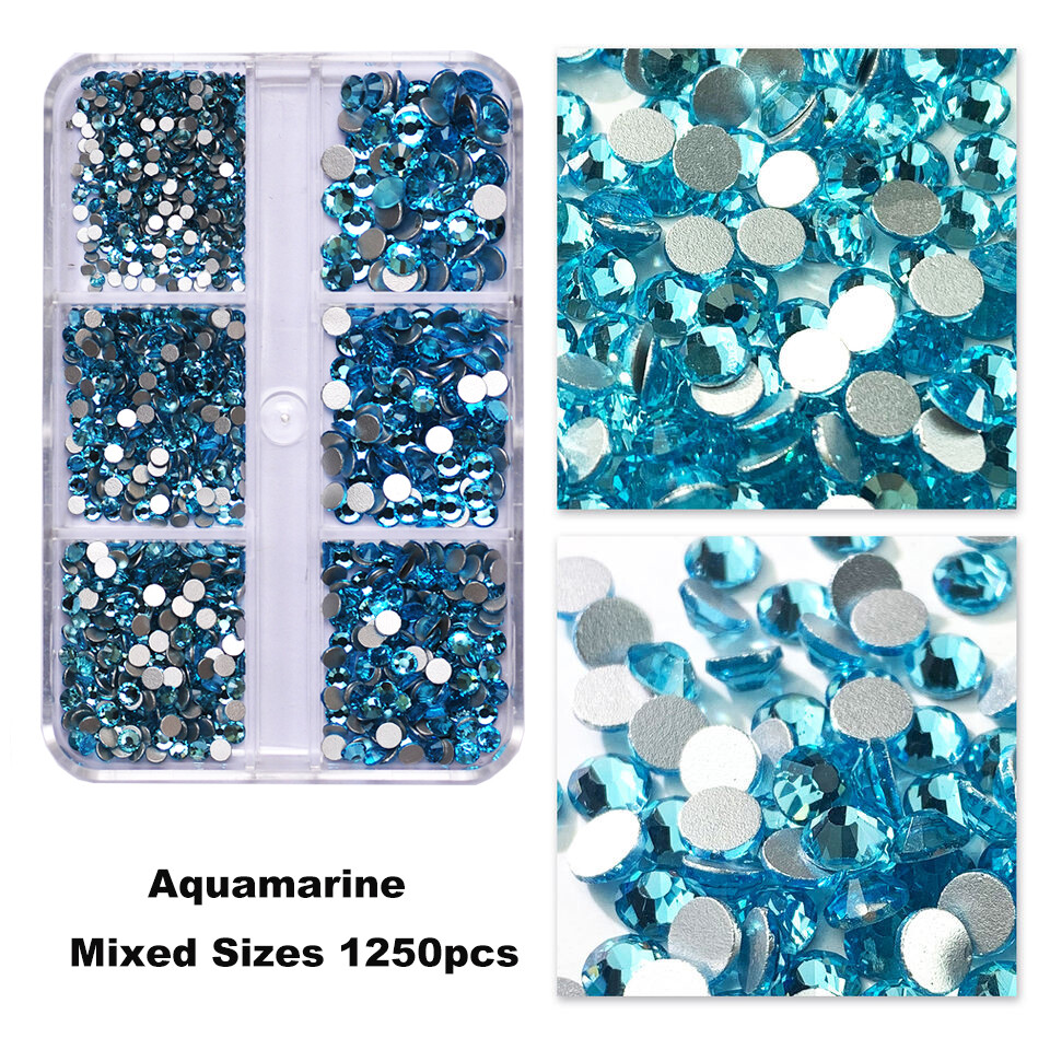 No Hotfix Nail Art Rhinestones 6 Grids SS4-SS16 Flat Back Crystal With tools