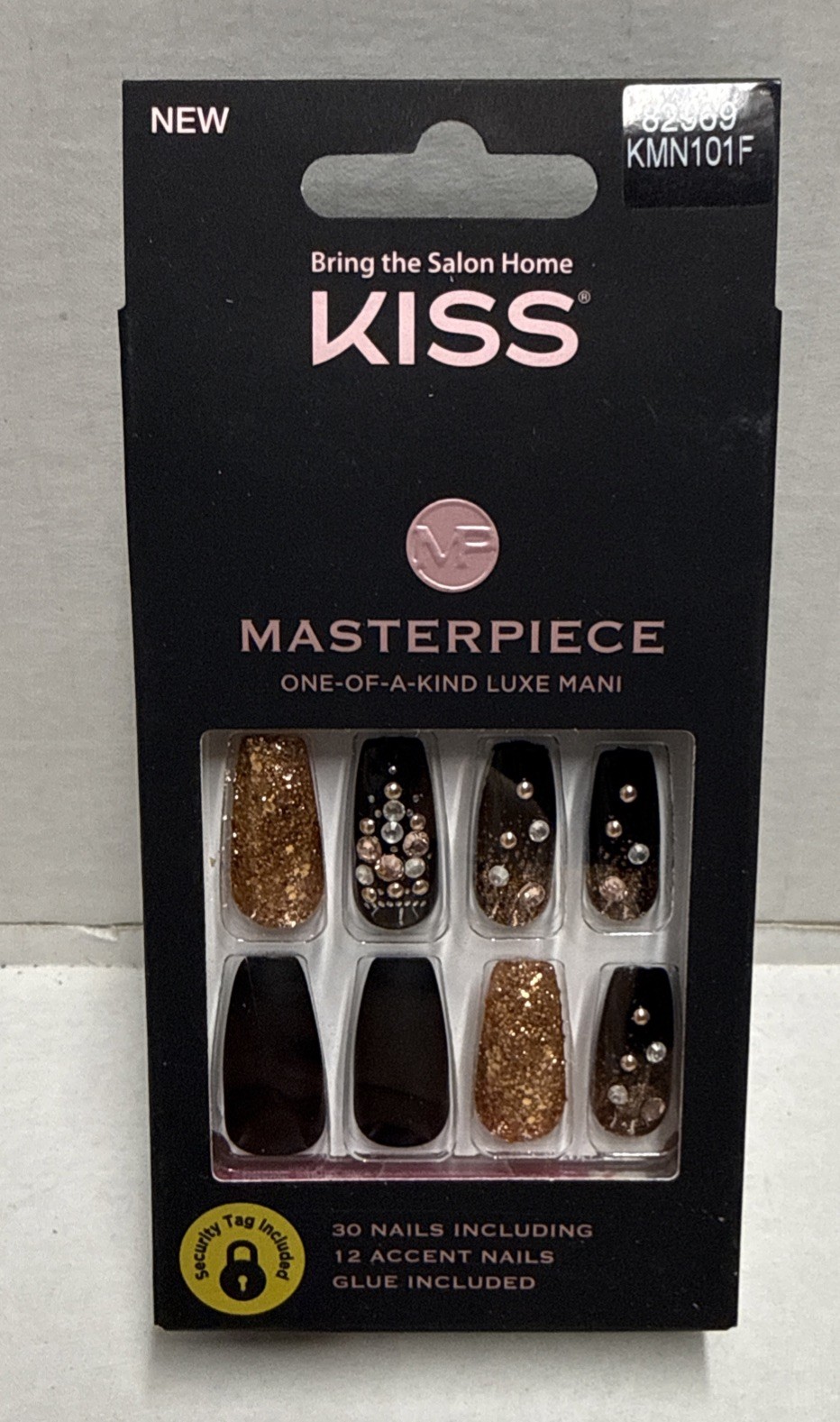 Kiss By MASTERPIECE LUXE MANI 30 Nails Black Rose Gold Glitter Rhinestone & GLUE