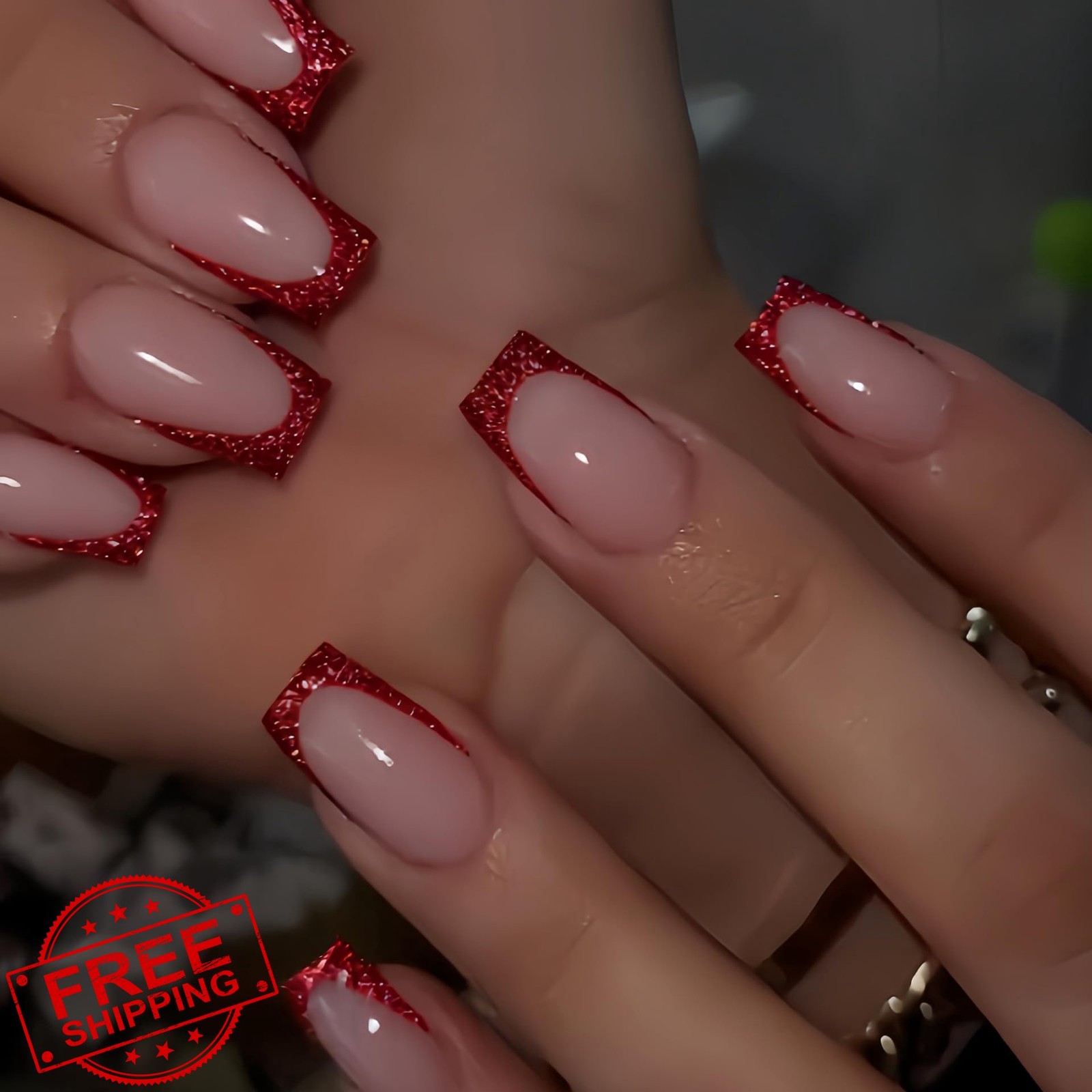 KQueenest Red French Tip Press On Nails Medium Square