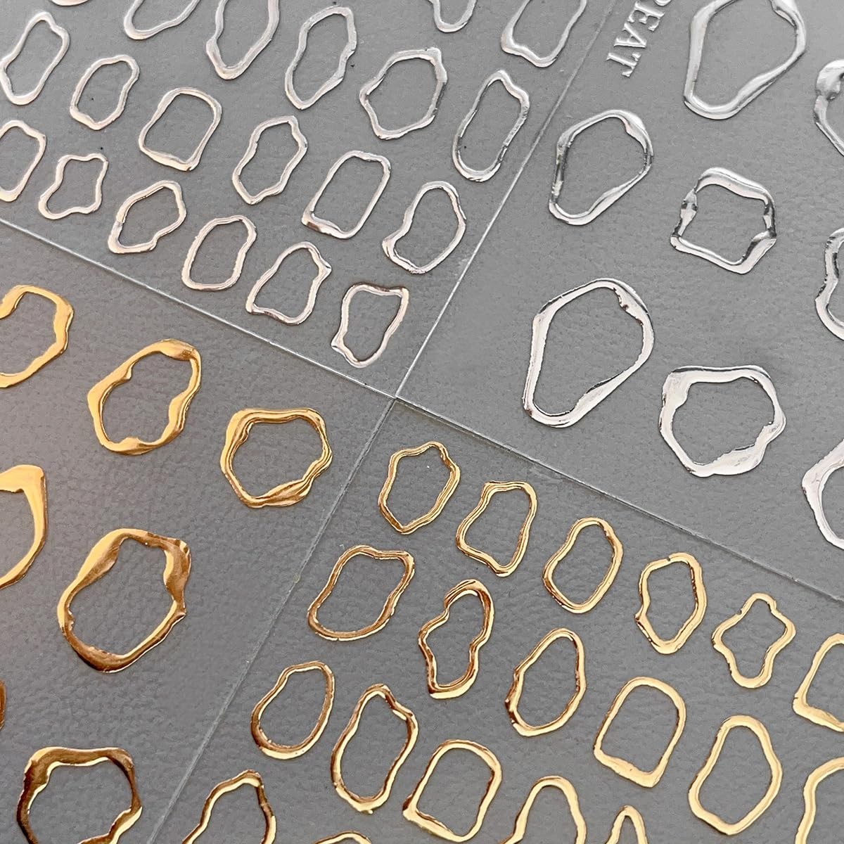 5D Embossed Metal Nail Art Stickers, 4Sheets Gold Silver Irregular Multicolor