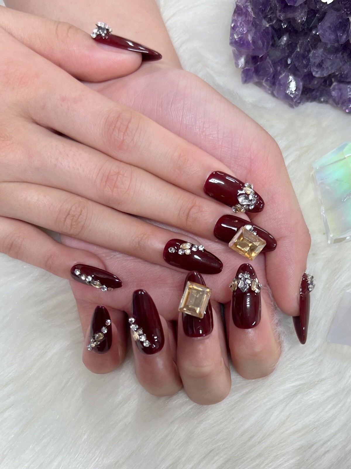 5Handmade Gel Press On Nails | Long Almond Brown Pretty Rhinestones Reusable
