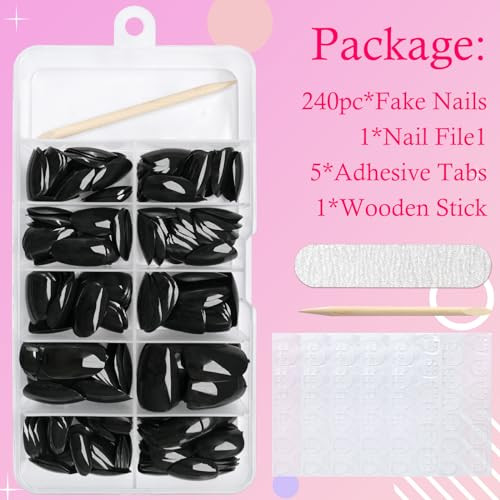 Oval Press on Nails Short Fake Nails, 240pcs Black Nails Press on Almond