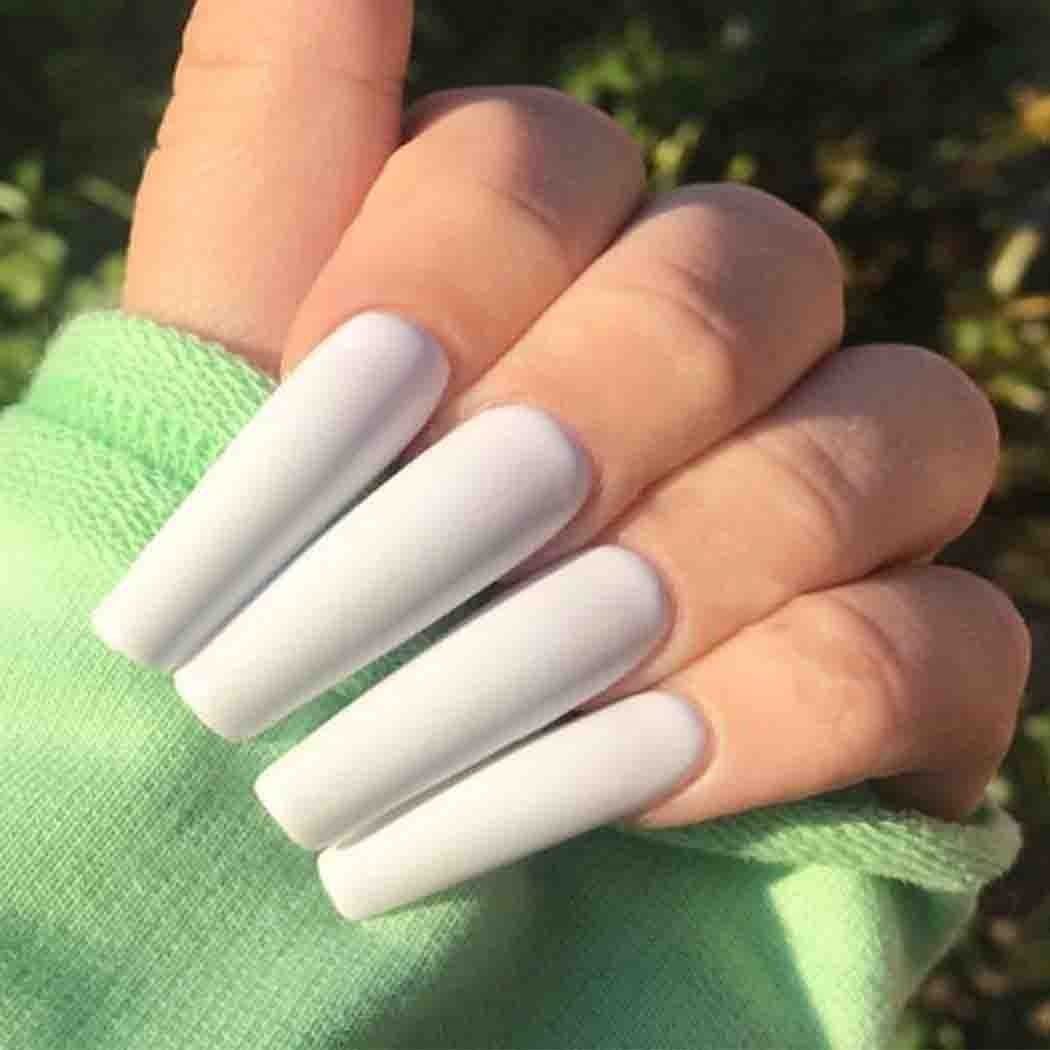 Matte White Press on Nails Coffin Long Fake Nails Solid Acrylic False Nails w…