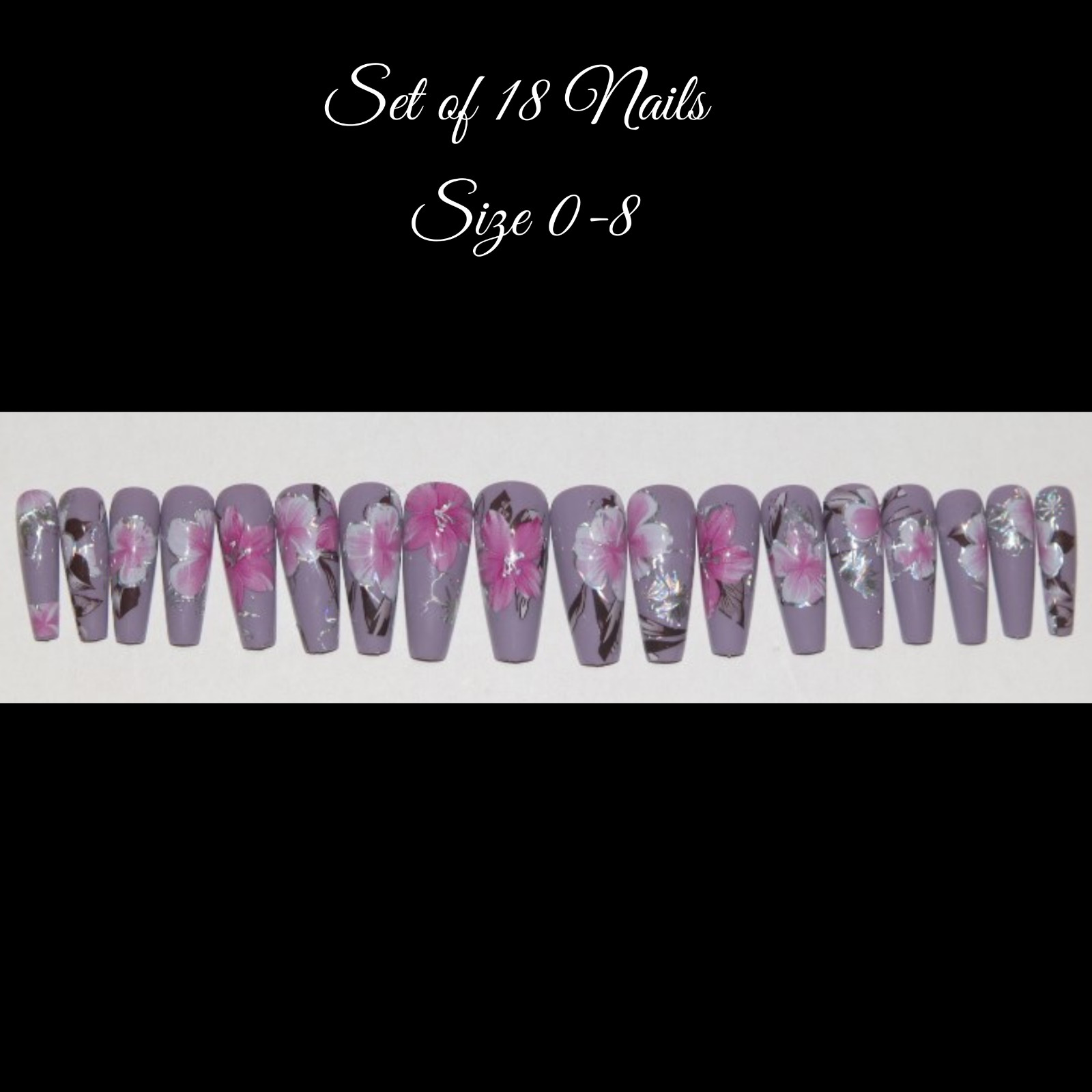 Lavender with Pink Flowers- press on nail set- Set of 18 Ex-long Ballerina
