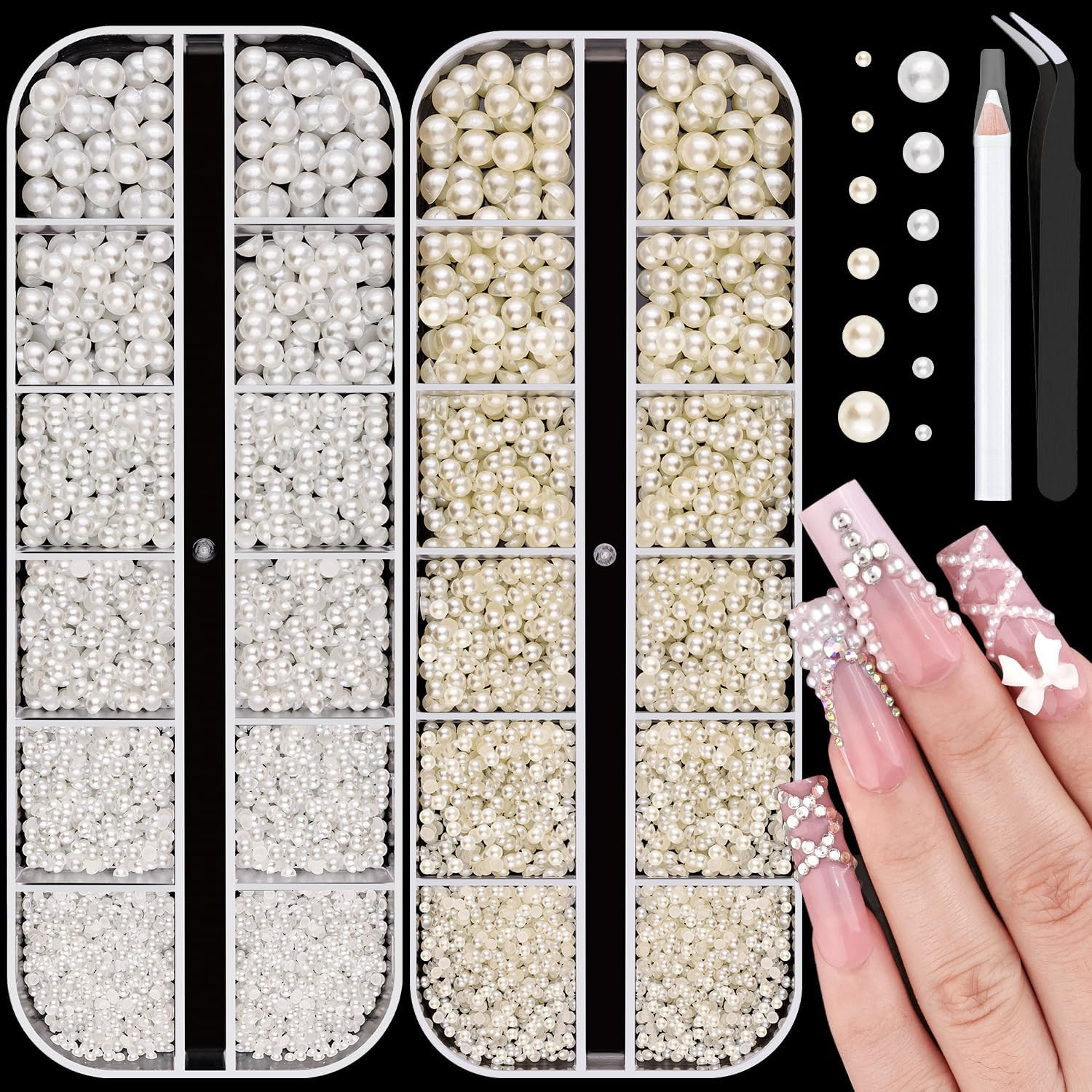 Flatback Nail Pearls Gems Half round Silver and Gold Nail Charms Beads | Beige W