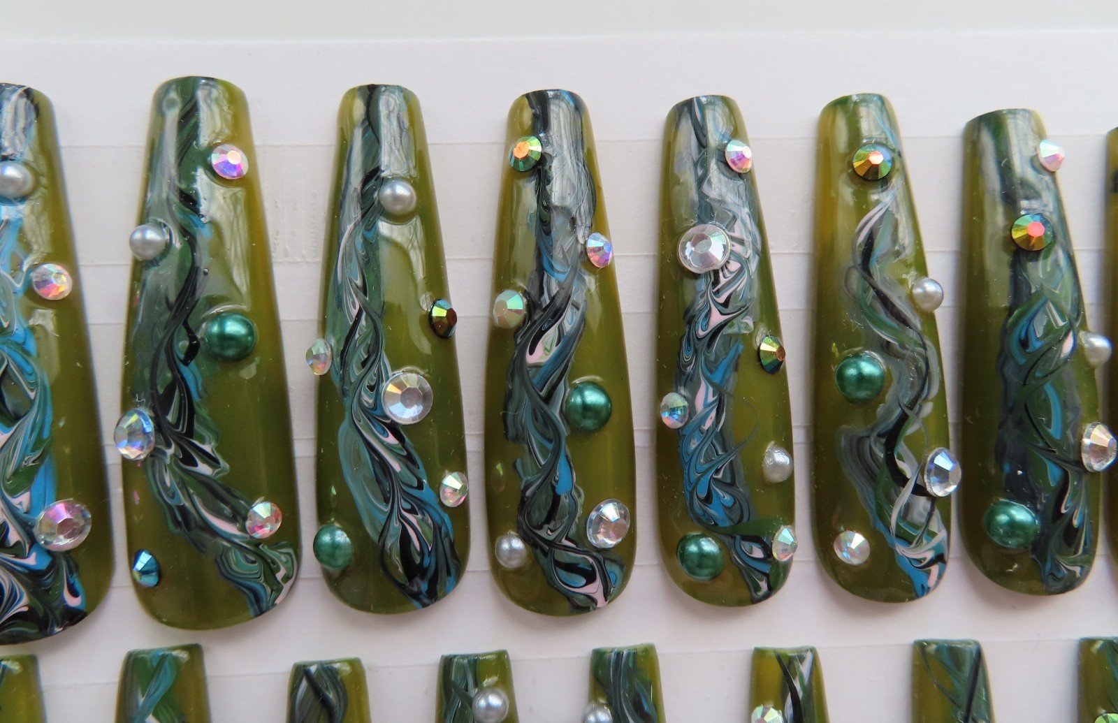 XL Dark Green Blue Marble Rhinestone Pearl Square Coffin Press On Nails (20)
