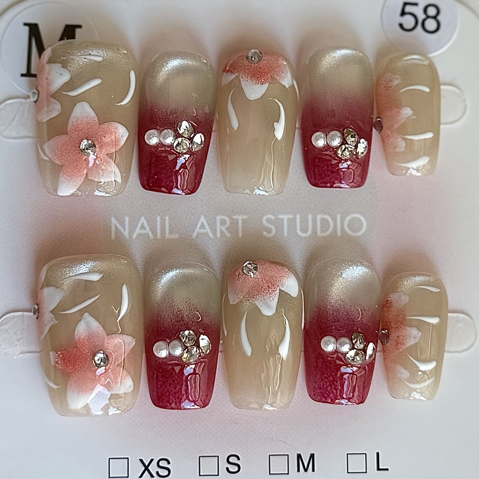 Handmade Nude 3D Flower Press-On Nails Size M Medium Square Reusable False Nail