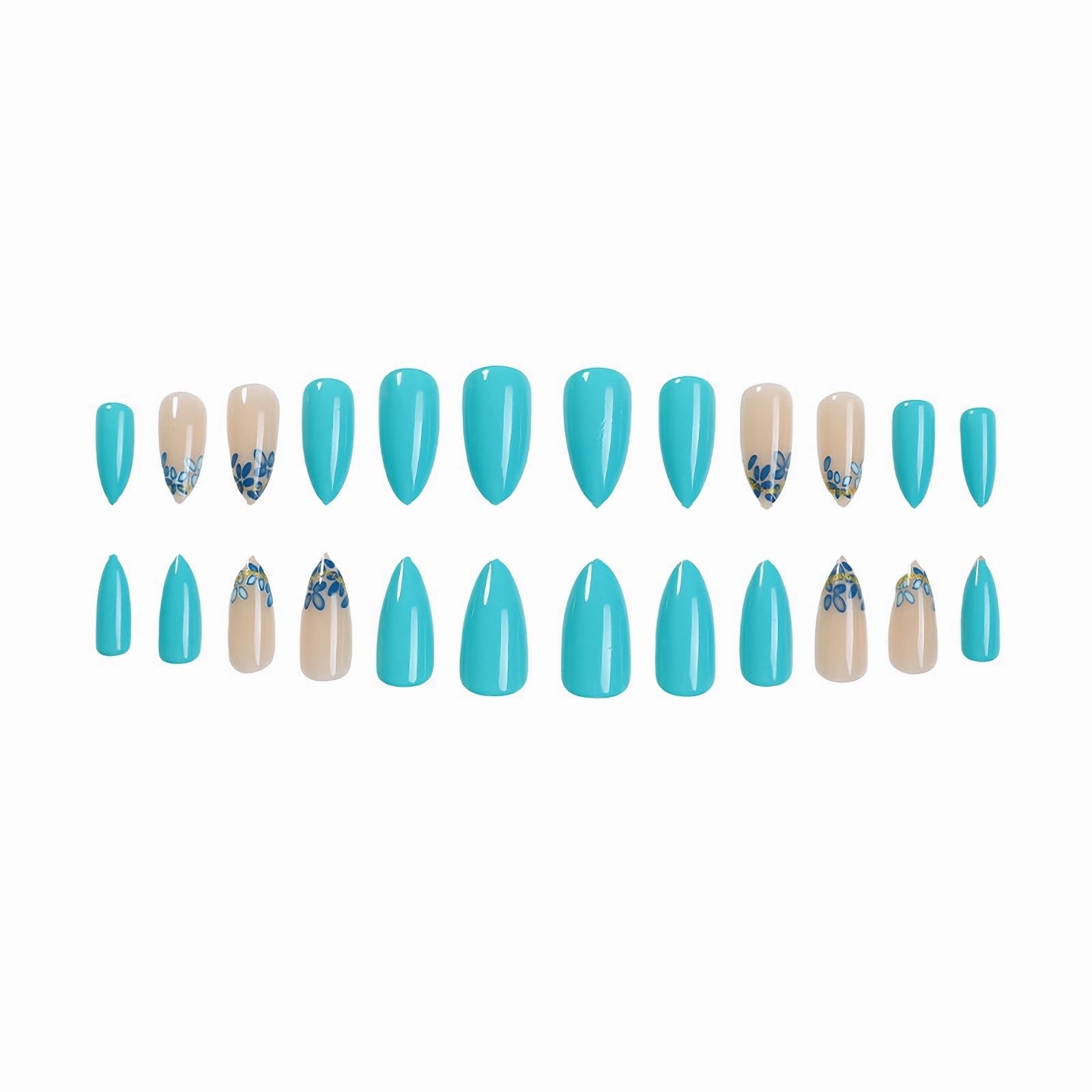 Almond Press on Nails Medium Fake Nail Lake Blue Glue ons Leaf Flower French …