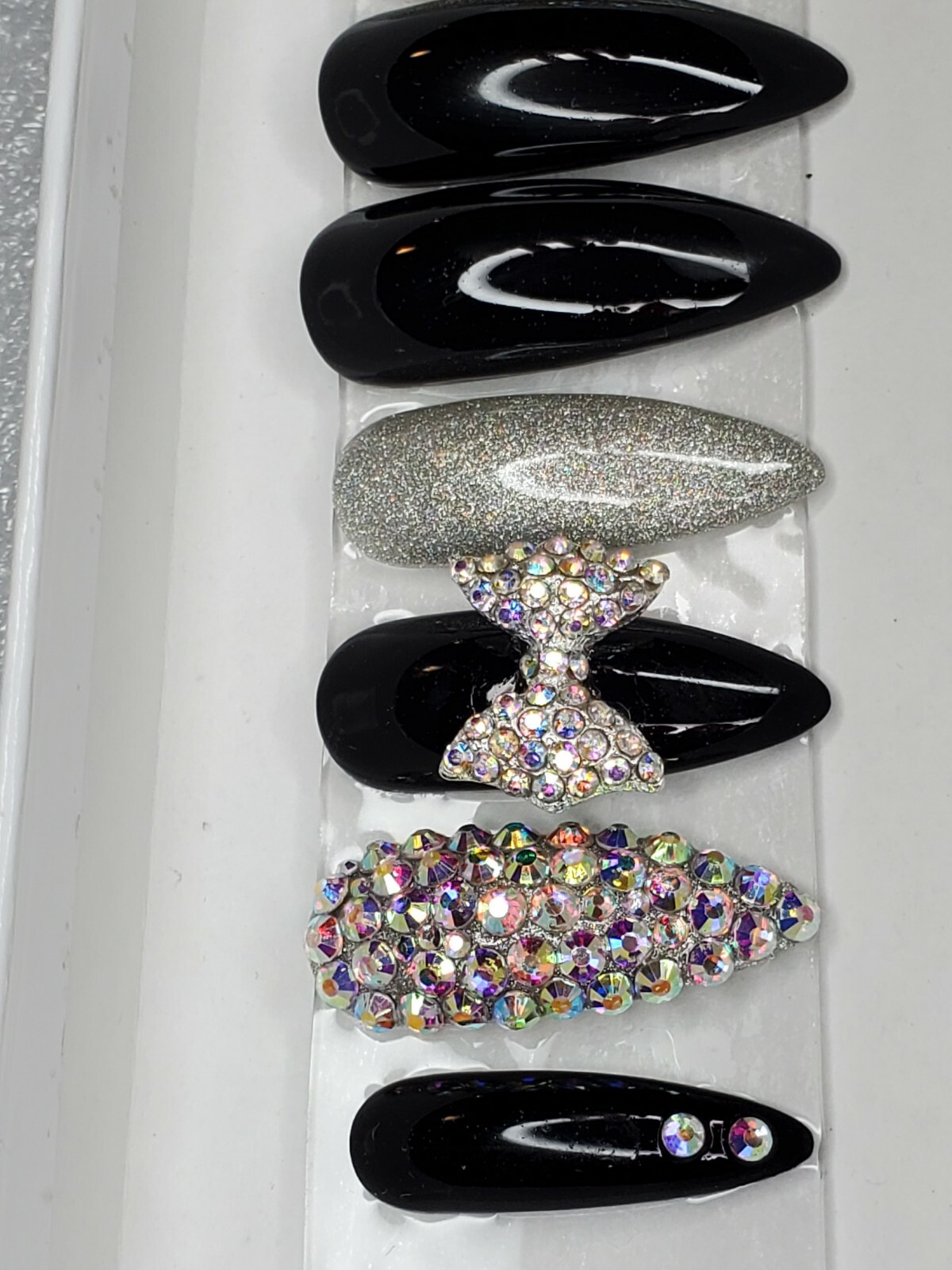 Black holographic glitter bling press on nails holo diamond crystal stiletto