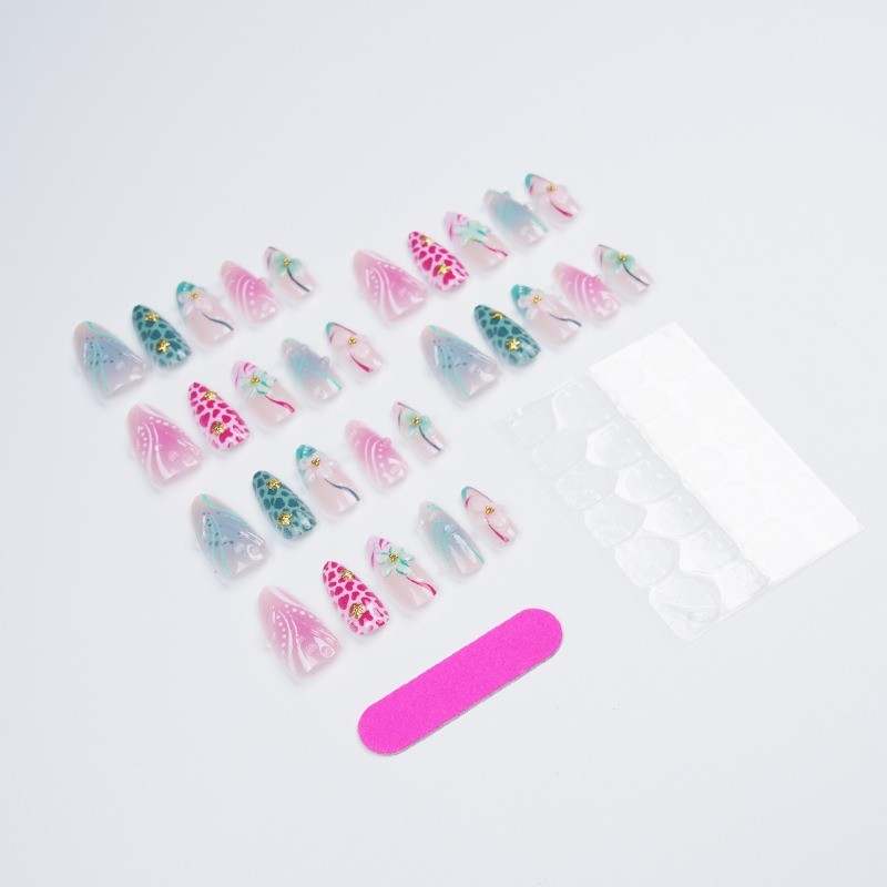 30Pcs-Long Almond Pink Green Leopard Flower Starfish Beach Press on Nails Set