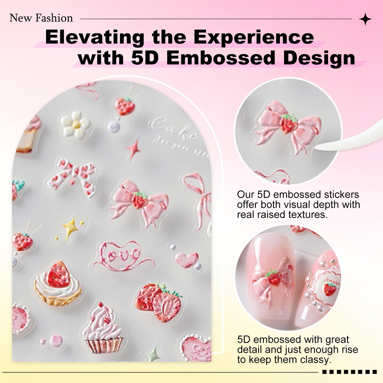 5D Embossed Pink Nail Stickers for Nail Art Cake Strawberry Bow Nail Decals A…