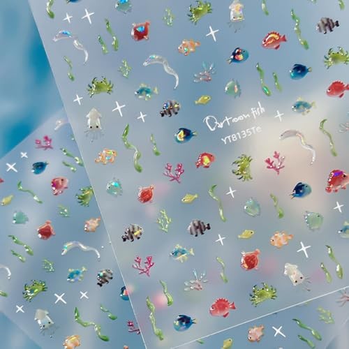 Aquarium Nail Stickers 1 PC 5D Ocean Fish Nail Decal Seaweed Underwater World