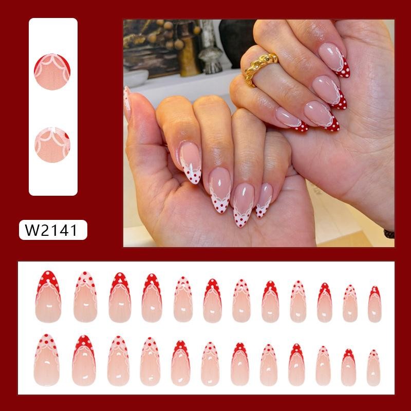 Red Polka Dot French Press On Nails Short Almond Fake Nails Reusable Nail Tips