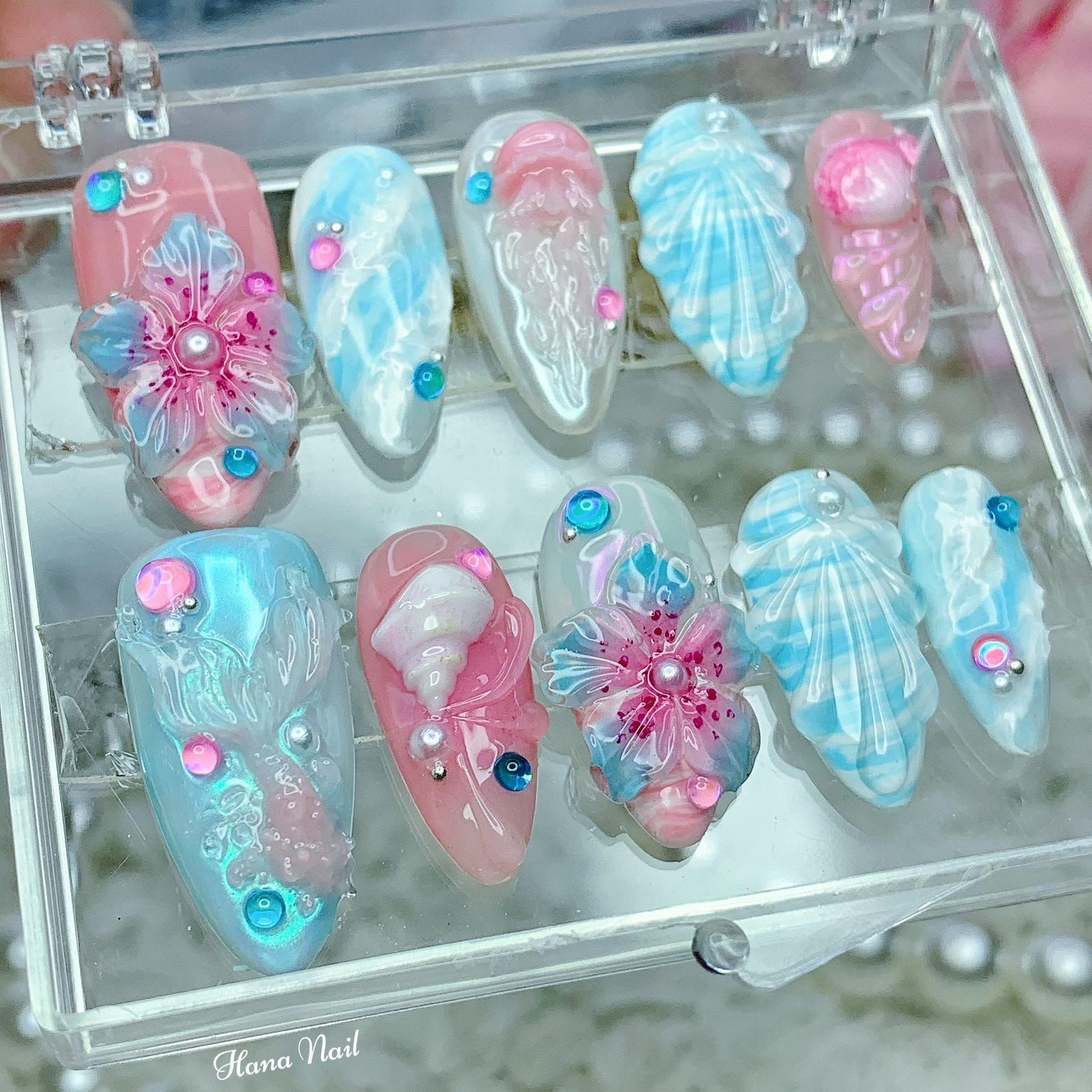 Handmade Mermaid Ocean 3D Flower Seashell Rhinestone Long Almond Press on Nails
