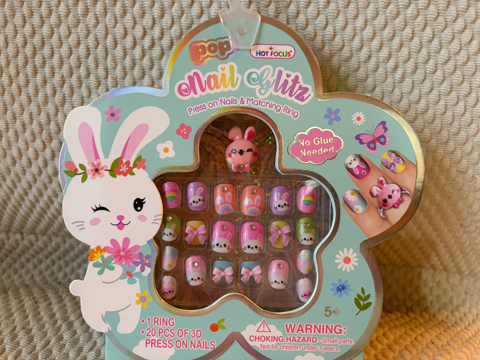 Kids Press-On Nails – 3D Bunny Themed – Two sets of 20 nails w/matching rings