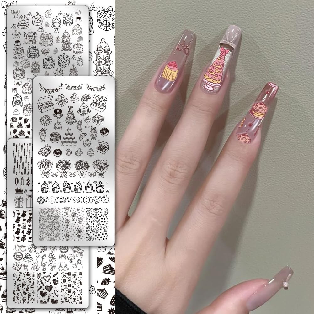 3pcs Birthday Party Nail Stamping Plate Cake Dessert Nail Art Templates Candl…