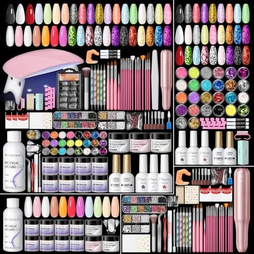 Acrylic Nail Kit for Beginners with Drill UV Light Gel Polish Glitter Powders