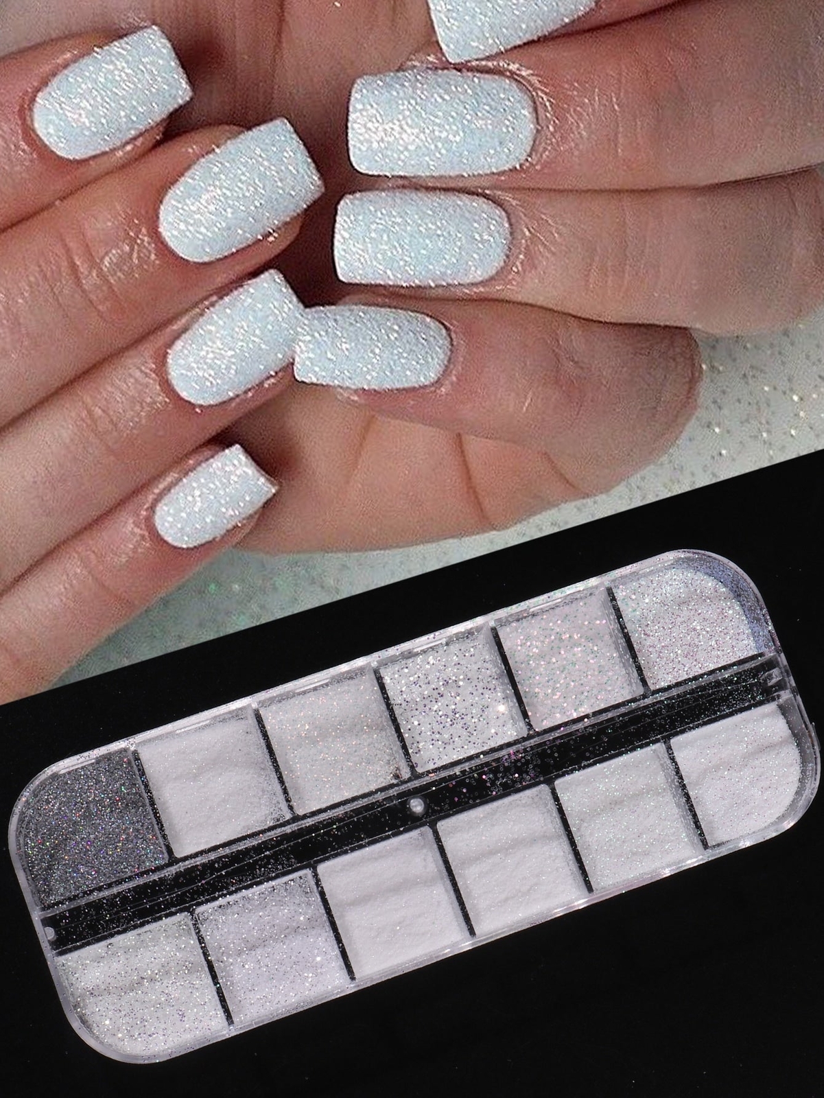 =Sugar Nail Glitter Powder, 12 Grids Iridescent Sandy White Color Nail Glitter