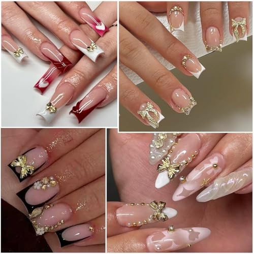 90PCS Gold Bow Nail Charms, Small Bowties for Nail Art Mix Size 3D Alloy Metal