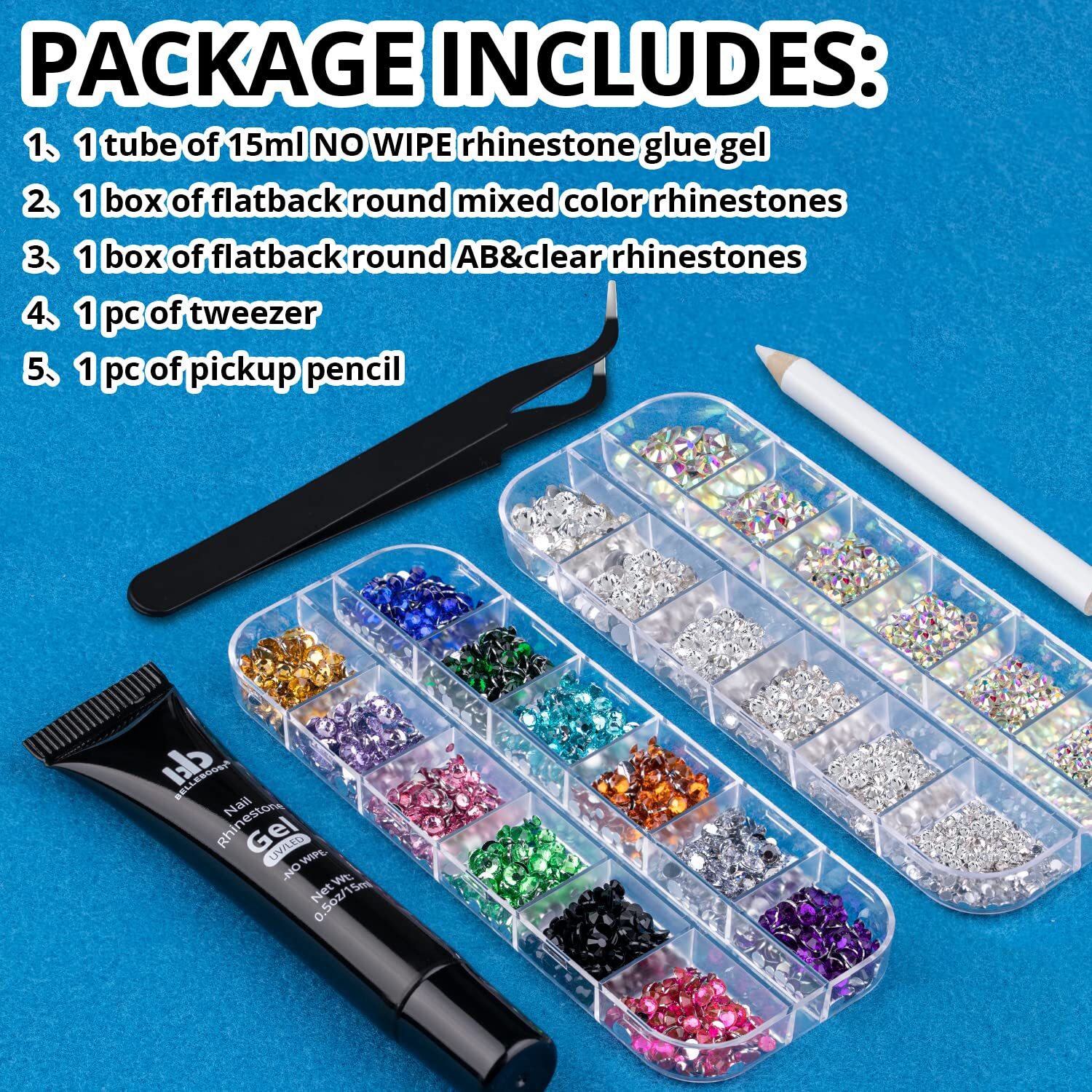 Nail Art Rhinestones Kit 3D Flat Back Glass Crystal Gemstones for Nails