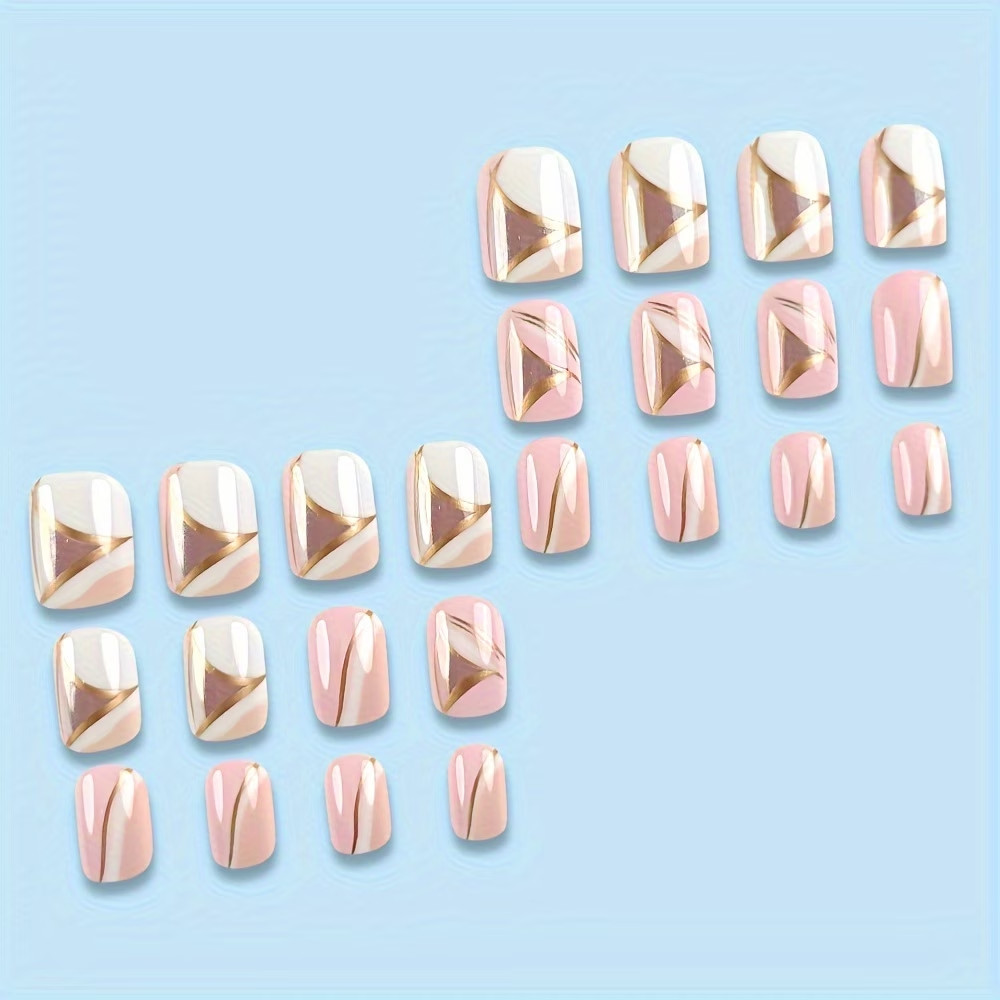 24pcs Glossy Short Squoval Fake Nails White Pink Press on Nails with Golden