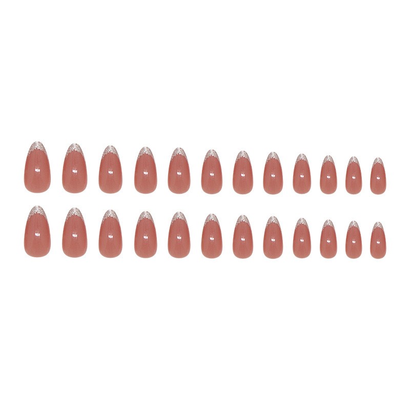 48 Pcs Silver Glitter French Press on Nails, Oval Nude Elegant Glossy Fake Nails