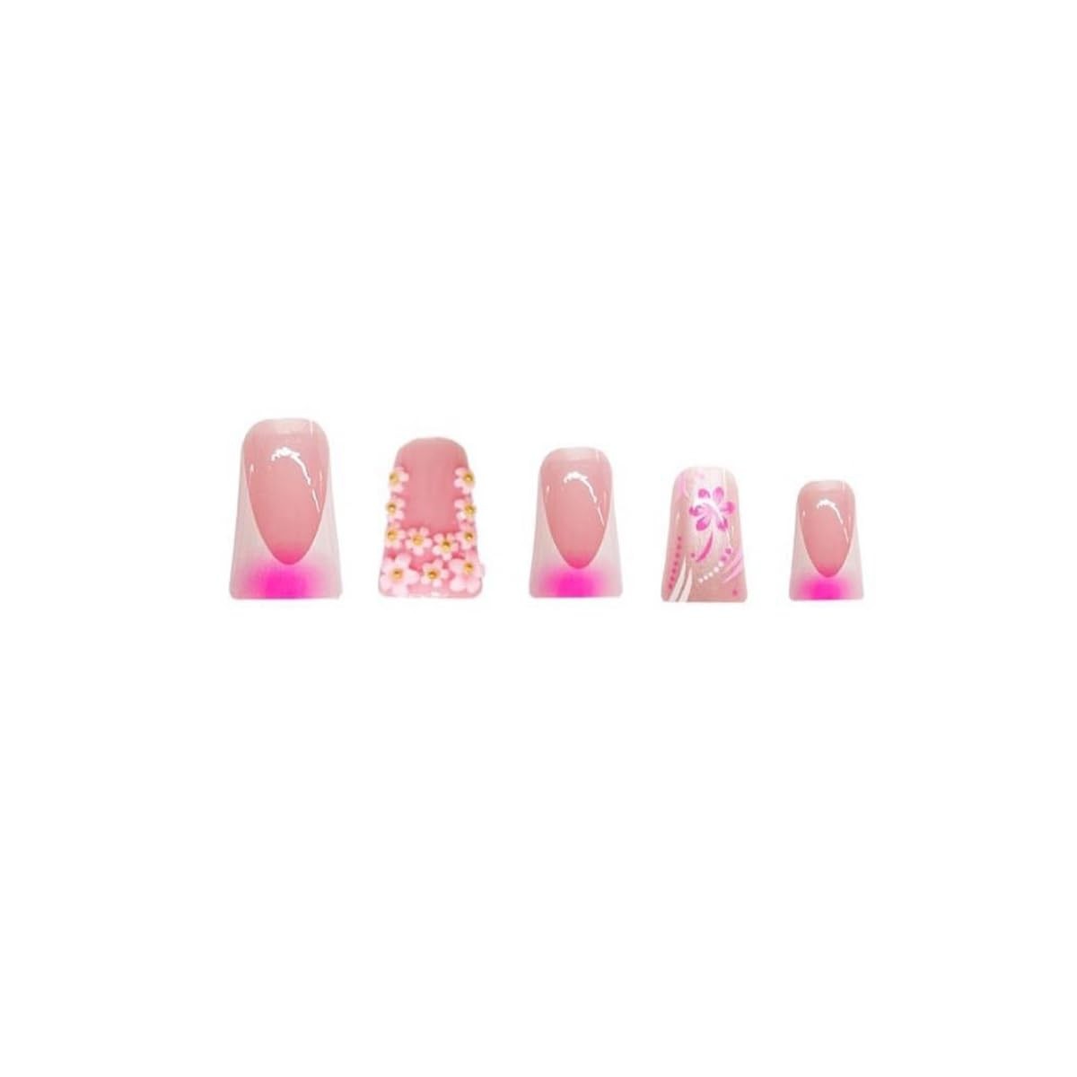 Medium Long Silver Press On Nails Pink Ombre White Gold Bare Floral French