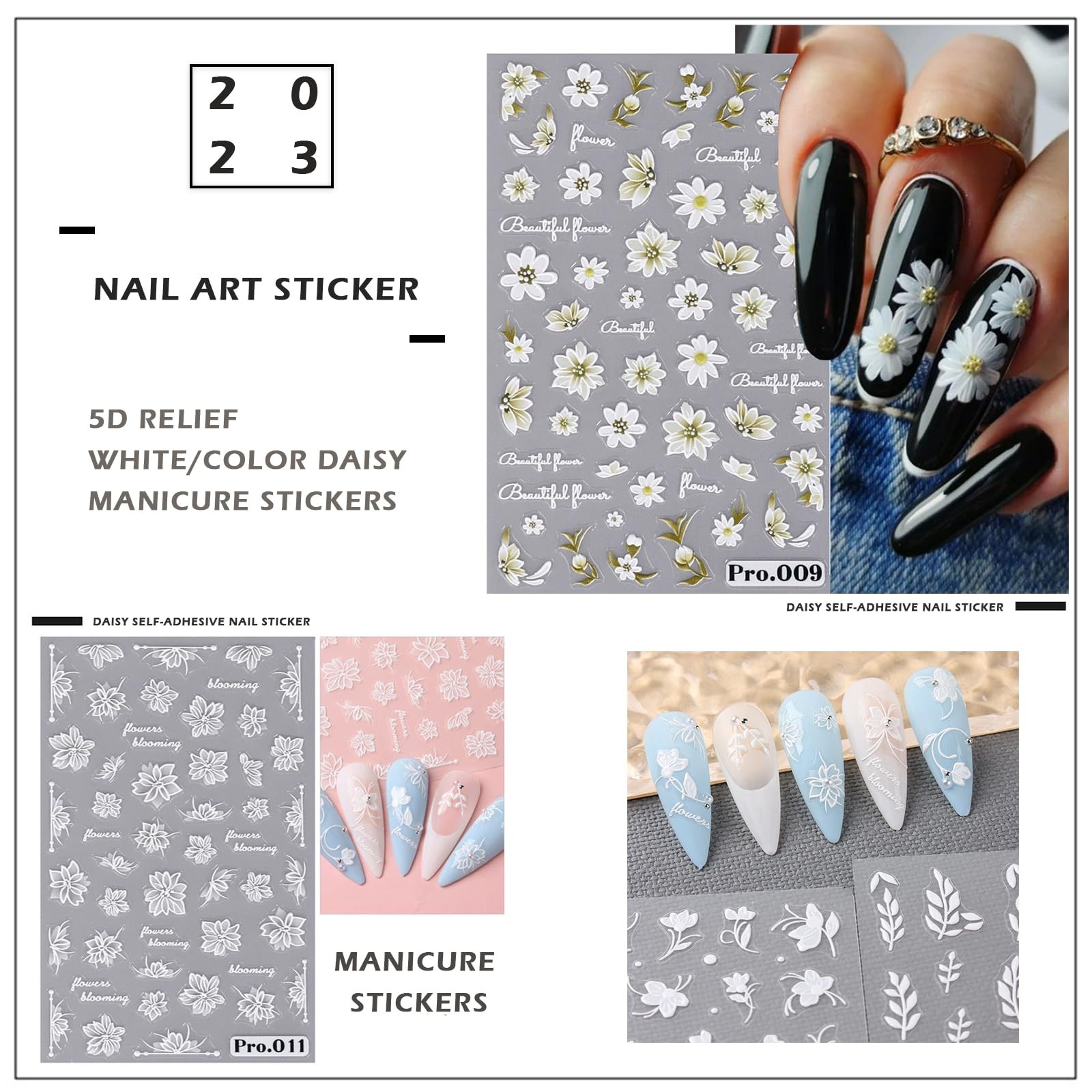 8 Pcs Self-Adhesive Nail Stickers, 5D Embossed Engraved Flower Nail Art Stick…