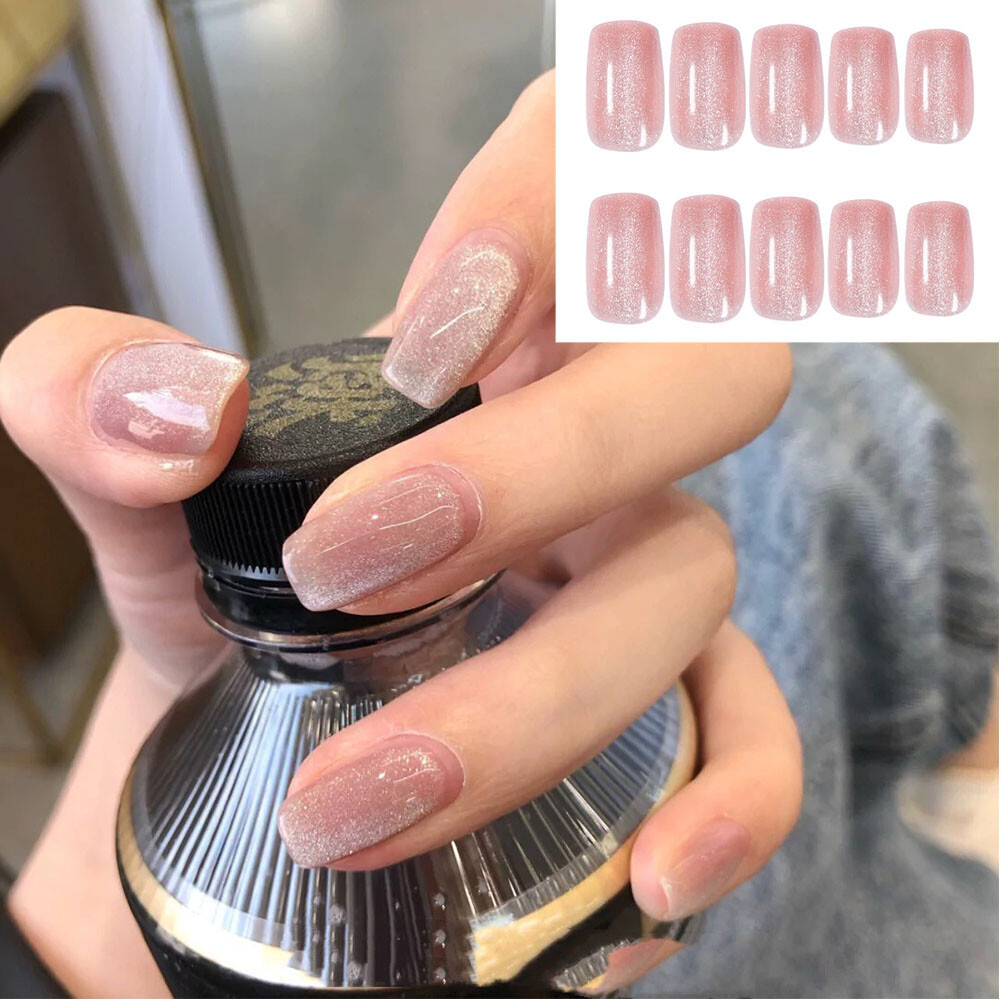 Diamond Cat Eye False Nails Medium Square Press on Nails for Nail Art 24pcs