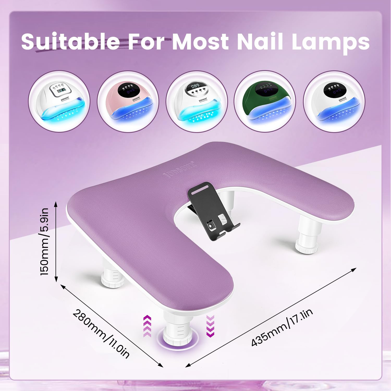 Purple U Shaped Manicure Arm Rest for Nails Tech with Rotating Phone Holder and